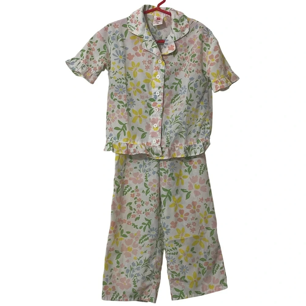 Floral Boho CottageCore Casual Girls Pajamas Sleepwear Short Sleeve Pants Size 4